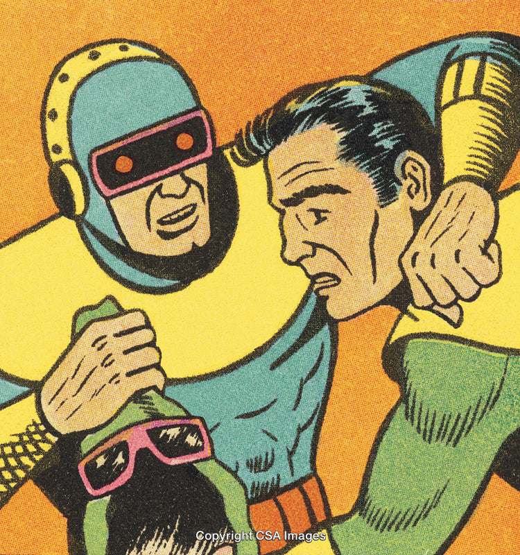 Retro Comic Scene Featuring Hero in Action Against a Villain