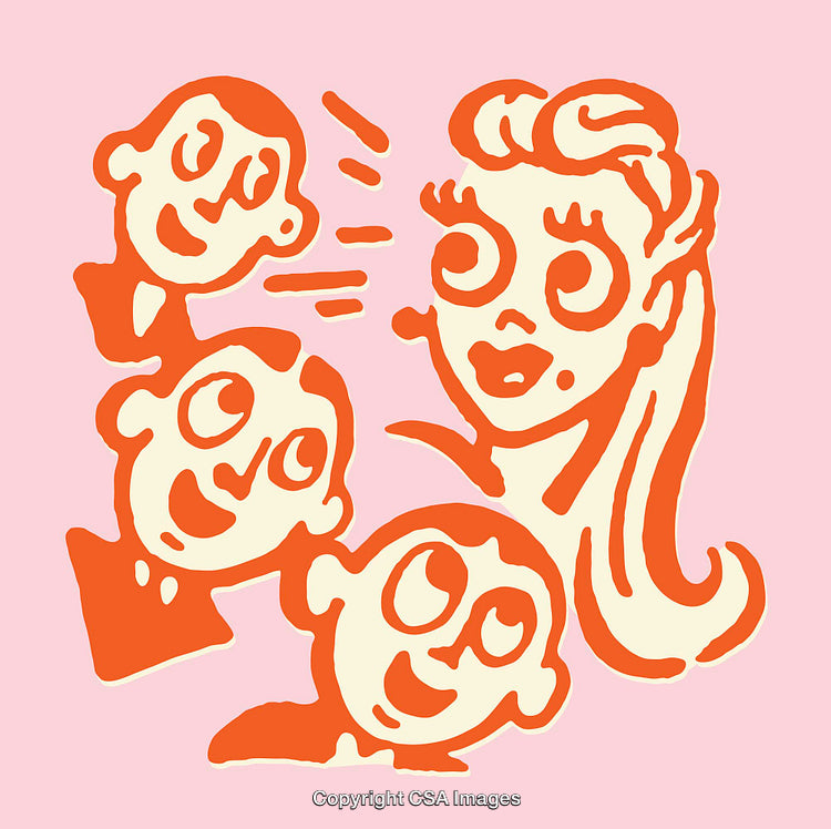 Whimsical Line Art Depiction of People Interacting in Bold Colors