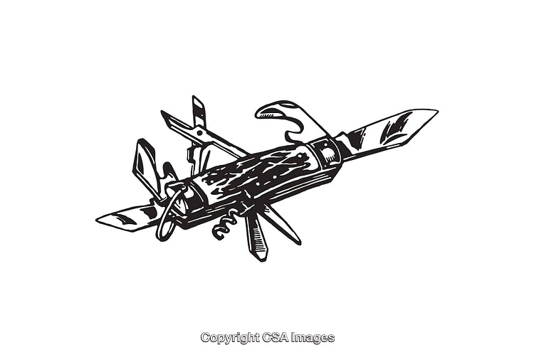 Black And White Line Art Illustration of a Multitool Knife