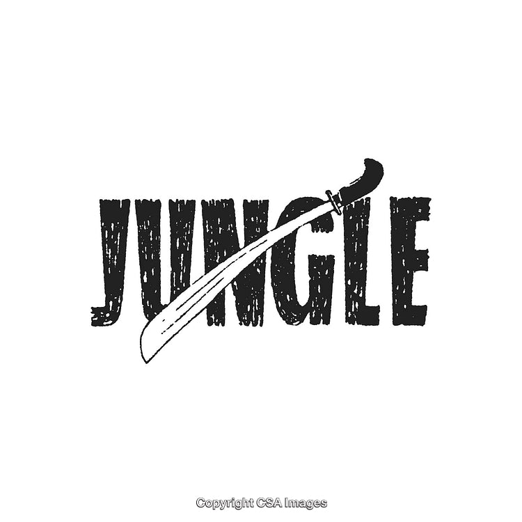 Jungle-Themed Artwork Featuring Text with Machete Silhouette Emphasizing Wilderness Adventure