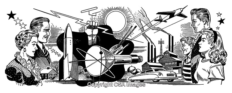 Vintage Style Engraving Depicting Technology and Family Life Fusion