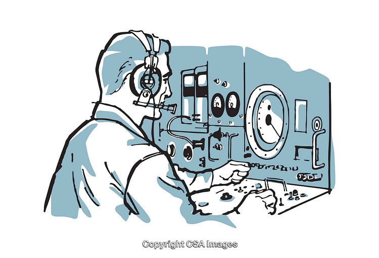 Retro Style Illustration of Operator Using Vintage Radio Equipment