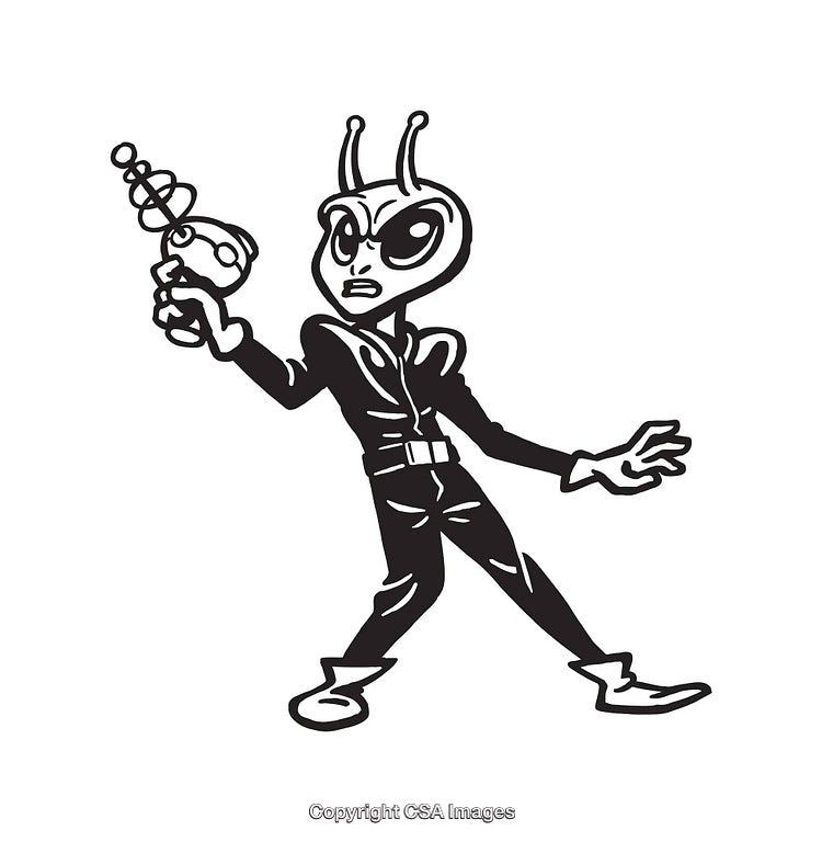 Black and White Line Art Drawing of Alien with Raygun