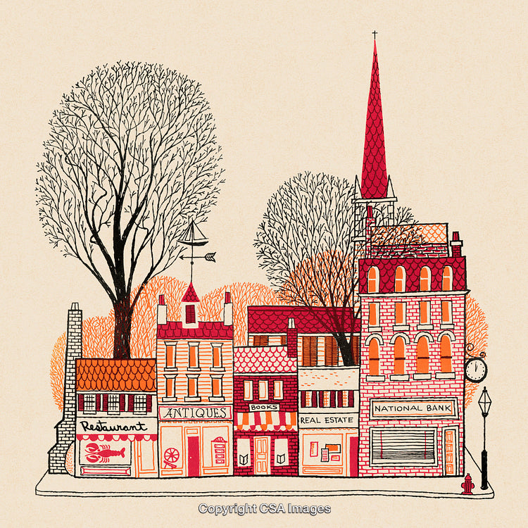 Charming Illustrative Town Scene Featuring Small Businesses and Winter Trees