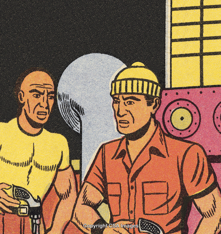Retro Styled Illustration of Two Men with Gadgets and Industrial Background