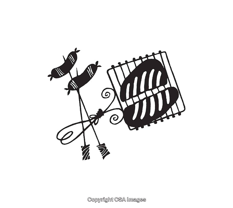 Black and White Line Art of Barbecue Grill and Sausages