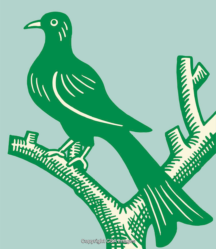 Green Line Art Illustration of a Bird Perched on a Tree Branch