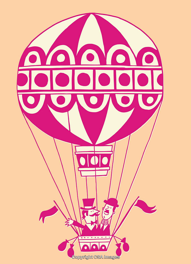Whimsical Hot Air Balloon Journey with Victorian Styled Passengers