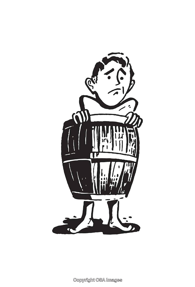 Vintage Black And White Illustration of a Man Inside a Wooden Barrel