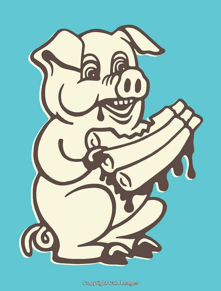 Cheerful Pig Eating Barbecue Ribs Retro Cartoon Style Illustration