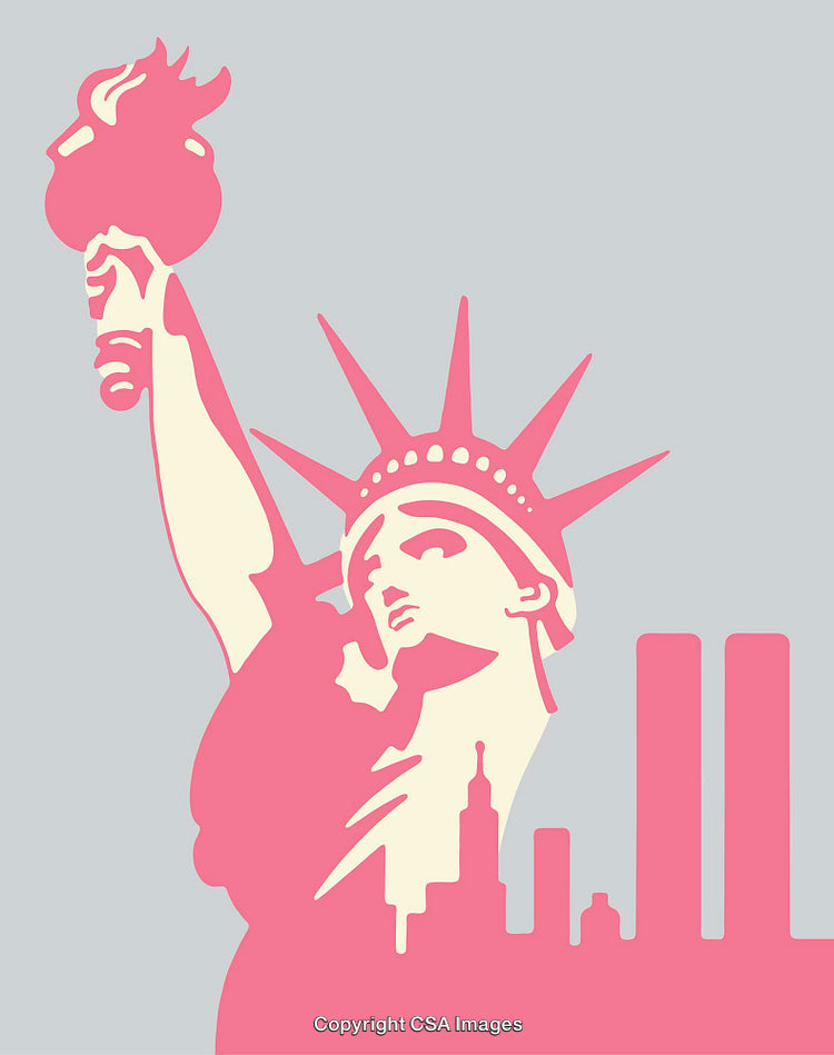 Colorful Line Art of Statue of Liberty and New York Skyline