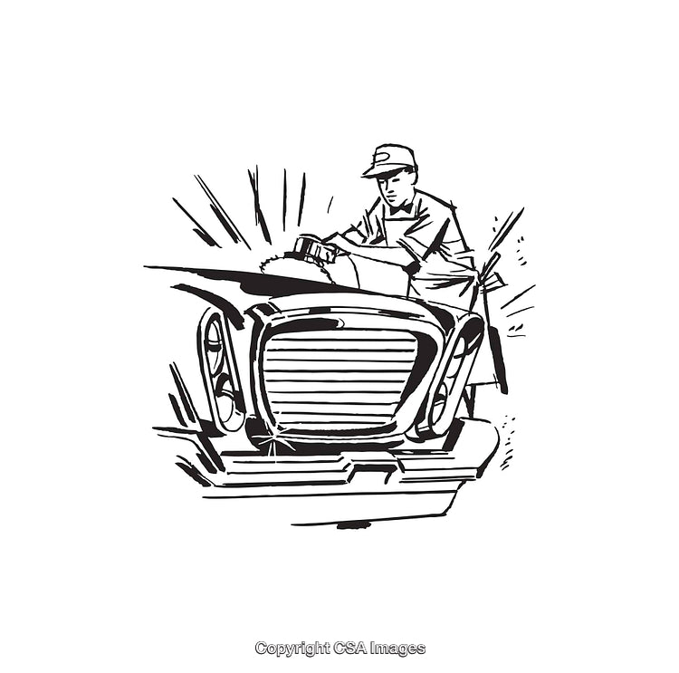 Monochrome Line Art of a Mechanic Repairing a Classic Car