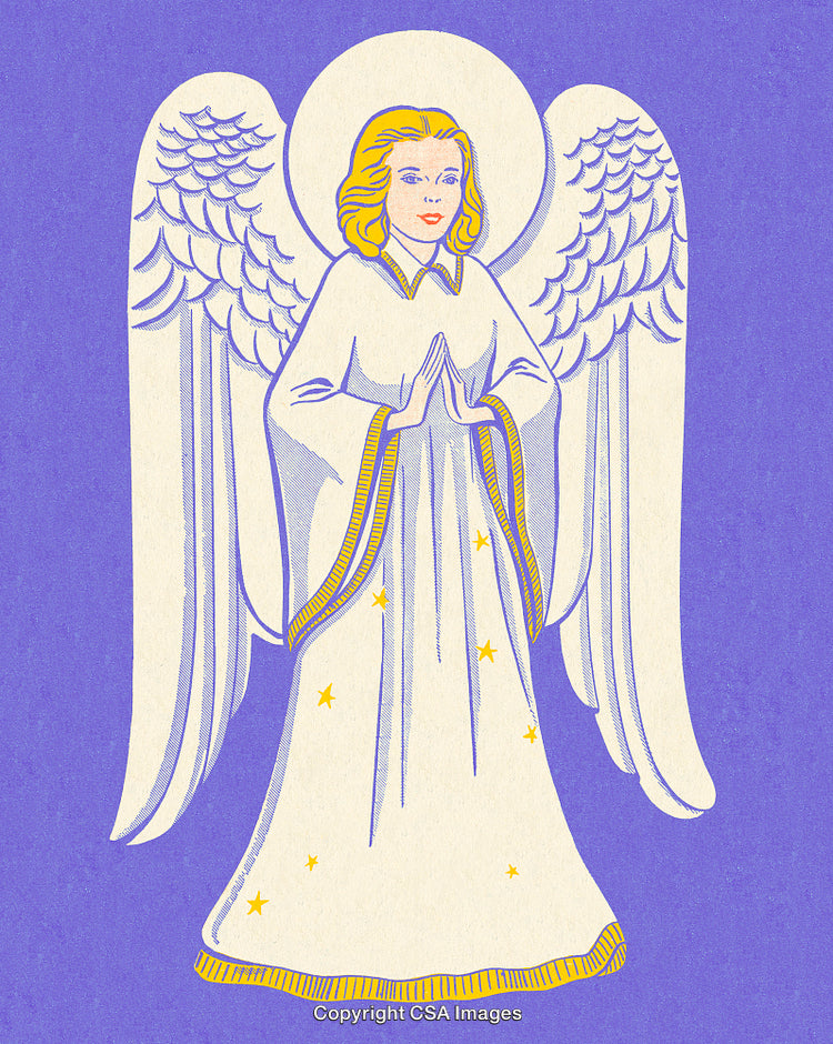 Illustration of a Praying Angel with Golden Details on a Purple Background