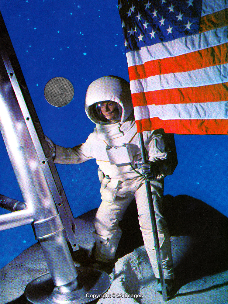 Astronaut on the Moon Holding American Flag with Starlit Background