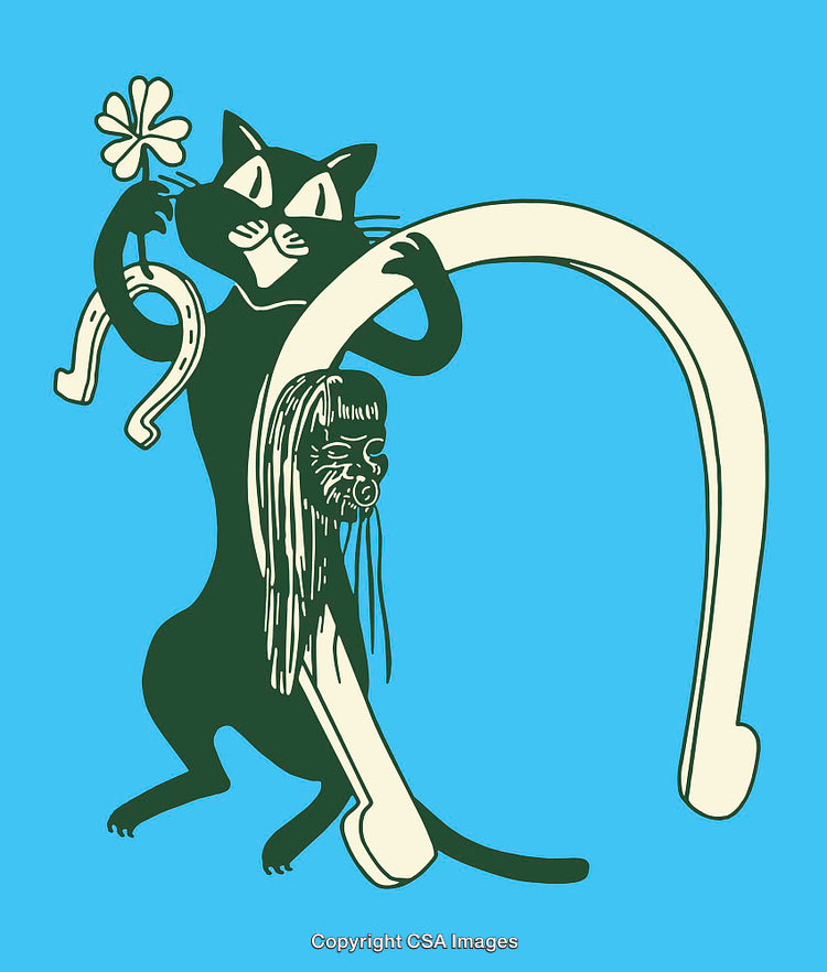 Playful Cat Illustration with Lucky Clover and Horseshoe on Blue Background