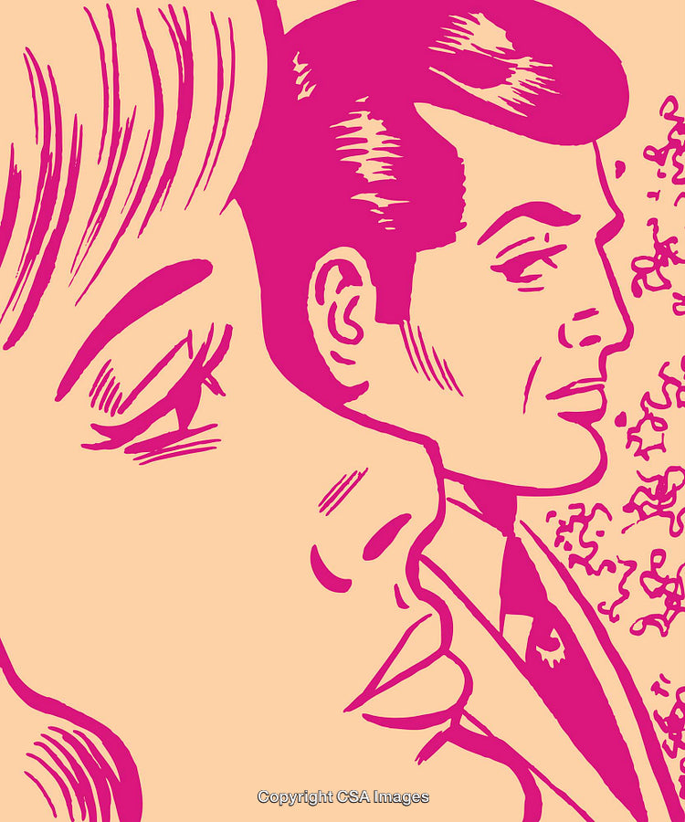 Retro Illustration of a Man and Woman in Profile with Contrasting Design