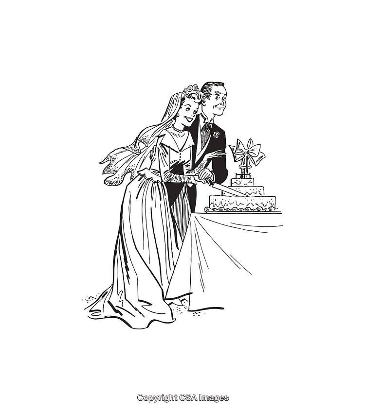 Black And White Illustration of a Couple Cutting Their Wedding Cake