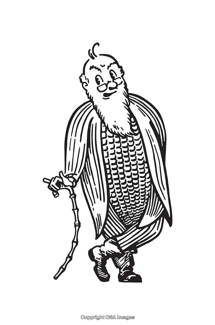 Black and White Line Art of a Corn Man with a Cane
