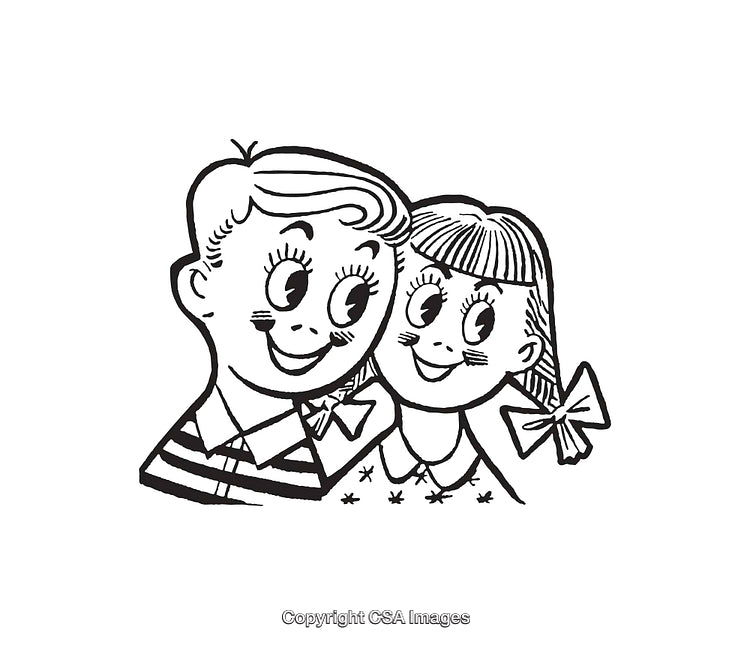 Vintage Style Line Art of Smiling Boy and Girl Cartoon Drawing