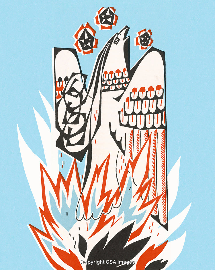 Illustrated Bird Symbol With Abstract Geometric and Fiery Elements
