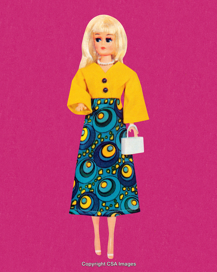 Retro Blonde Doll in Colorful Outfit with Graphic Pattern