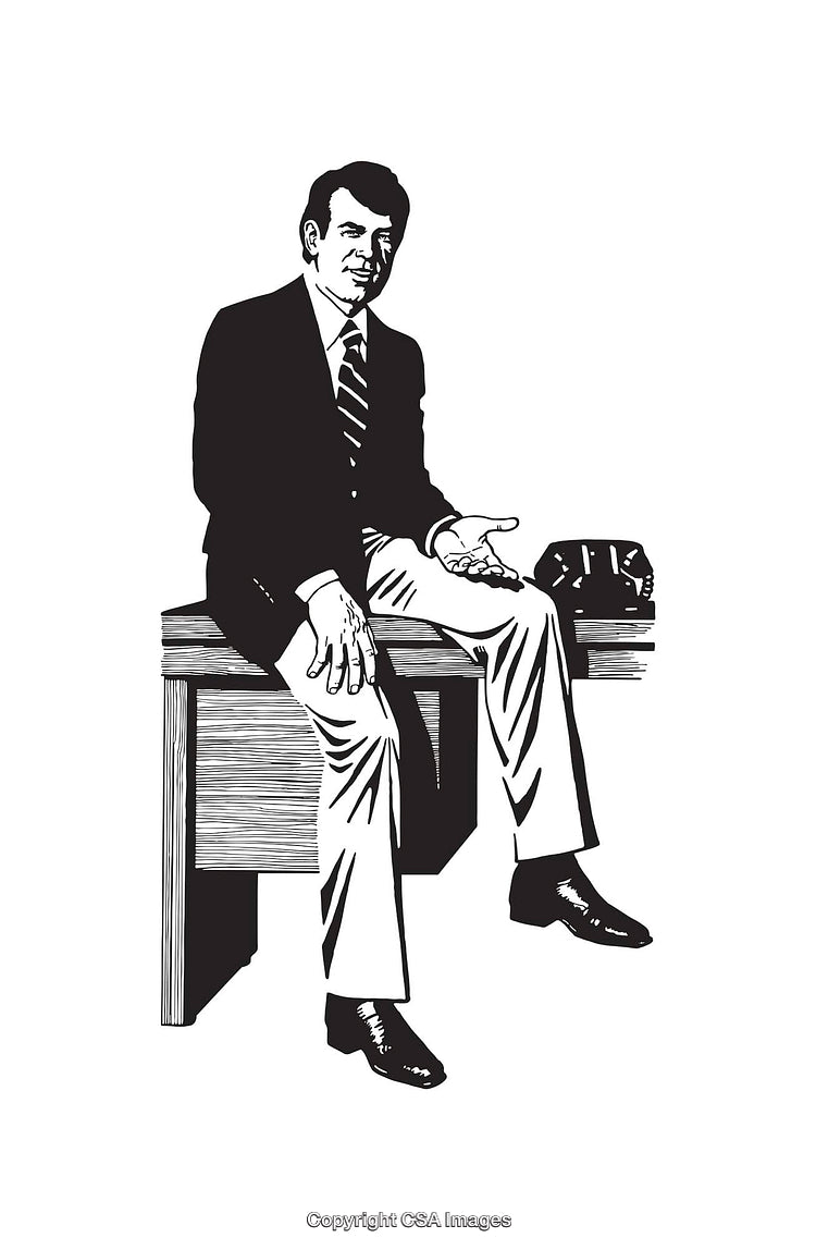 Black and White Line Art of a Man Sitting on a Desk