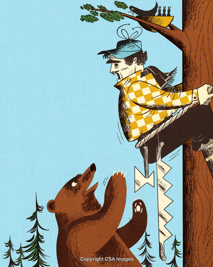 Illustration of a Man Climbing a Tree While Encountering a Bear