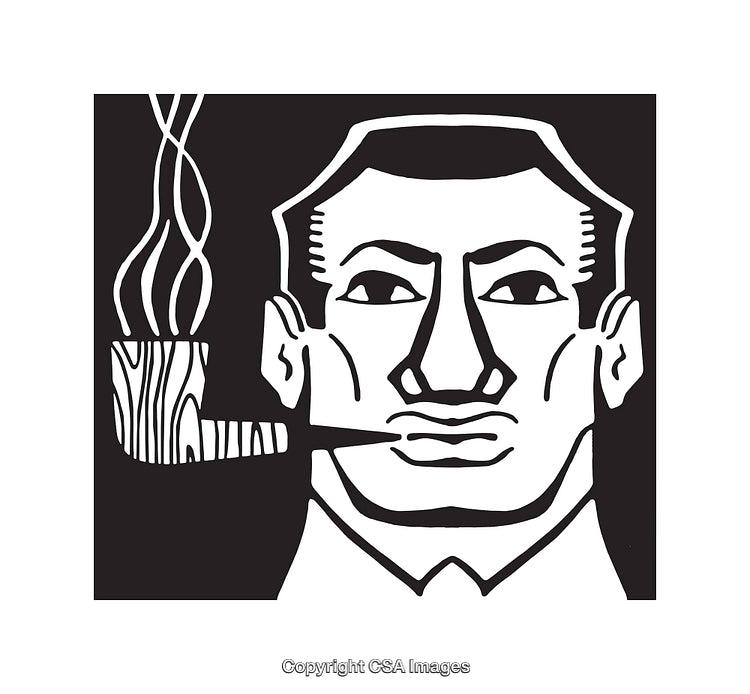 Retro Black and White Line Art Portrait with a Smoking Pipe