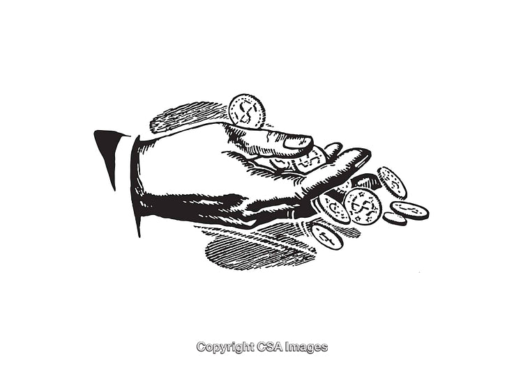 Illustration of Hand Holding Coins in Vintage Black and White Style