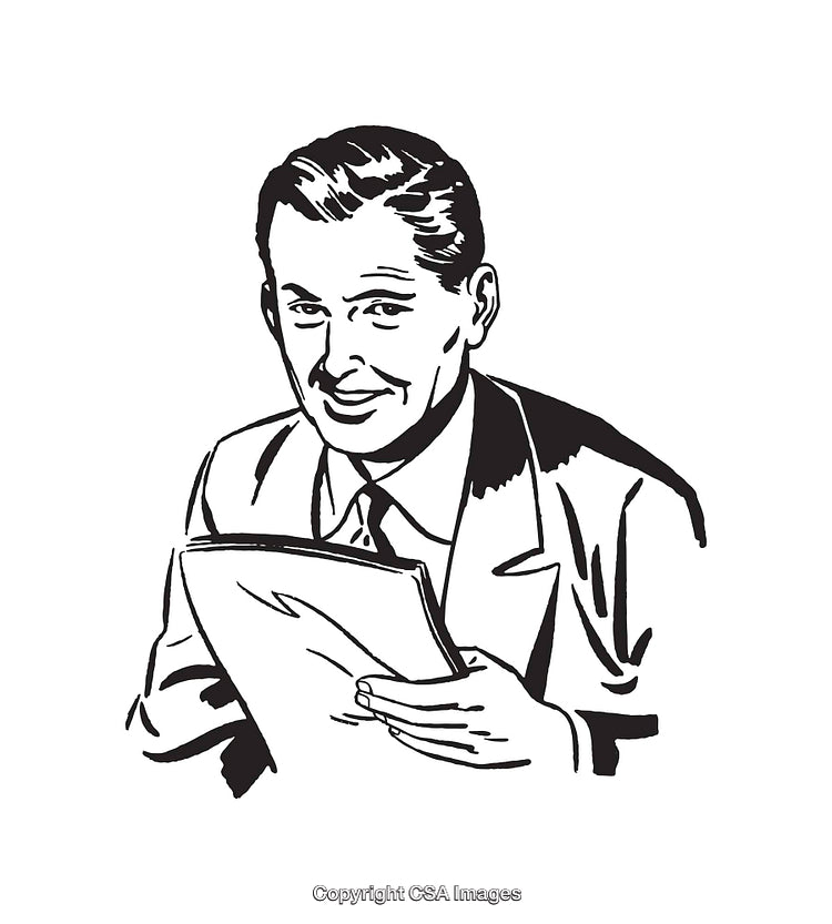 Vintage Black and White Illustration of a Businessman Reading a Document