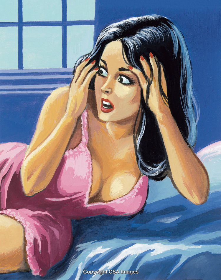 Surprised Woman in Pink Nightgown Holding Her Face On Bed