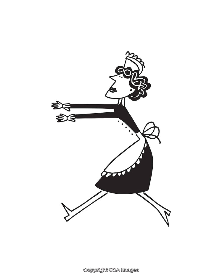 Cartoon Housekeeper in Uniform Running with Outstretched Arms