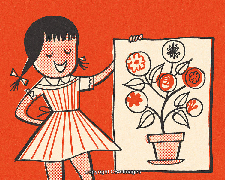 Cheerful Girl Displaying a Drawing of a Vibrant Flowering Plant Artwork