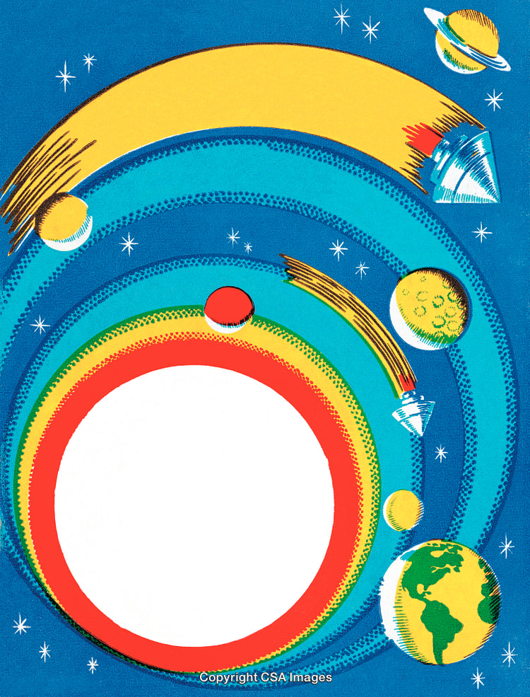 Vibrant Color Illustration of Planetary Orbits and Space Elements in Retro Style