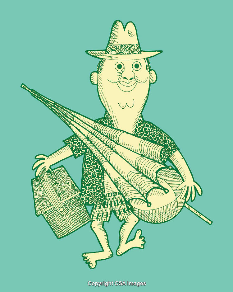 Retro Beach Character Holding Umbrella and Picnic Basket in Whimsical Style