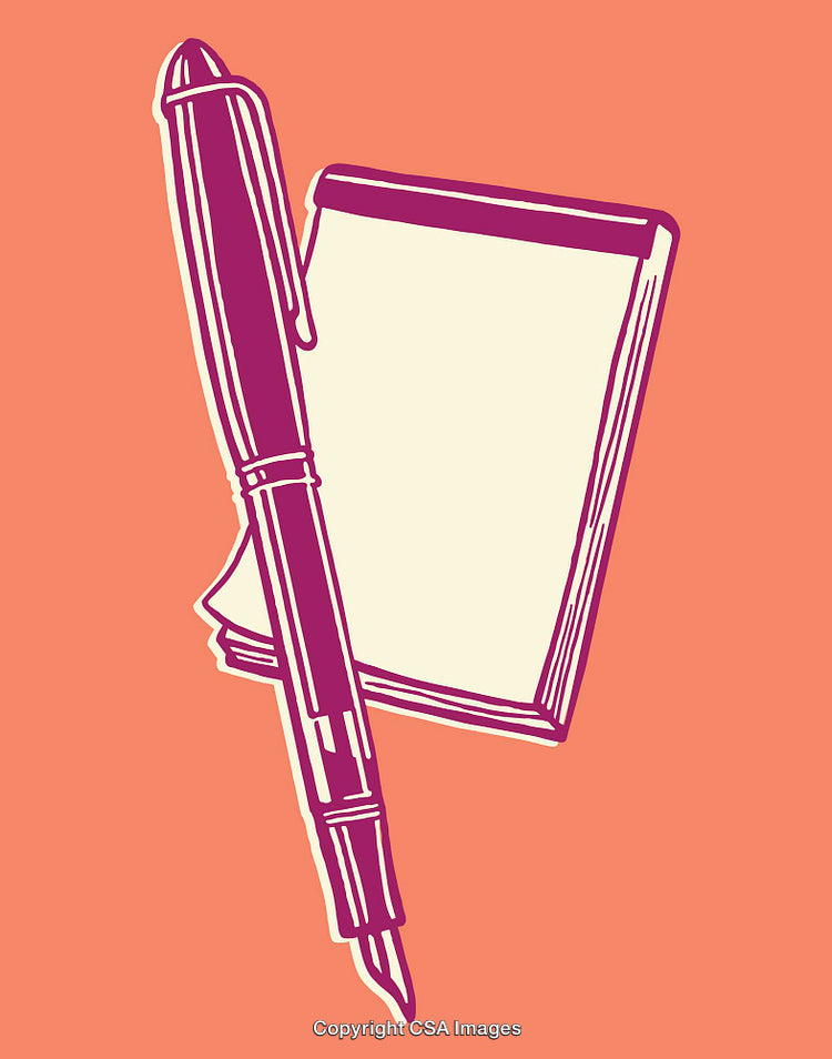 Illustrative Pen and Notebook Icon on Orange Background