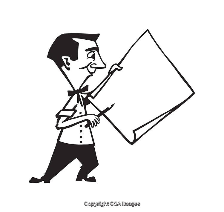 Retro Style Black and White Illustration of a Man Holding a Paper