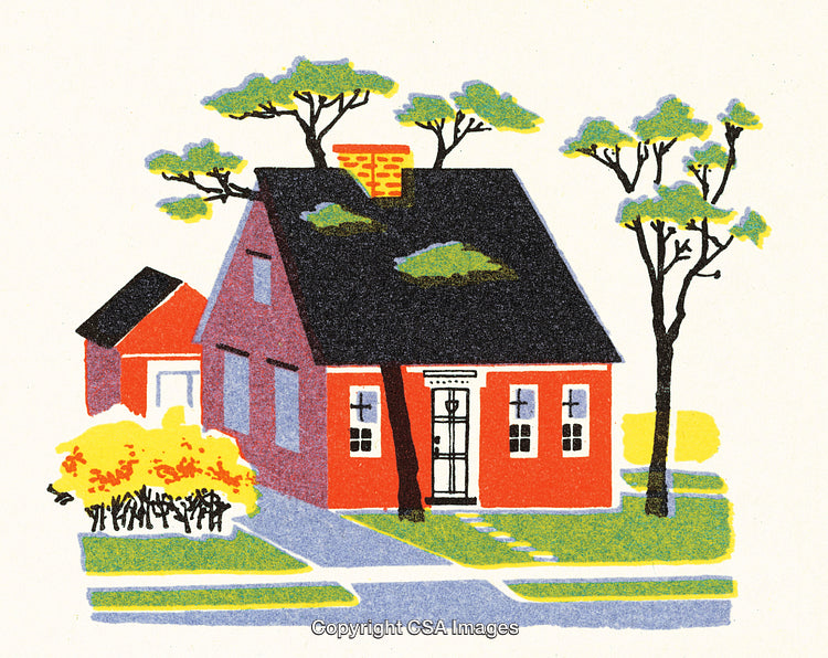 Charming Red Cottage with Trees and Bushes in a Serene Setting