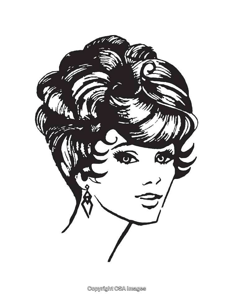 Vintage Line Art Illustration of a Woman with Elegant Hairstyle and Earrings