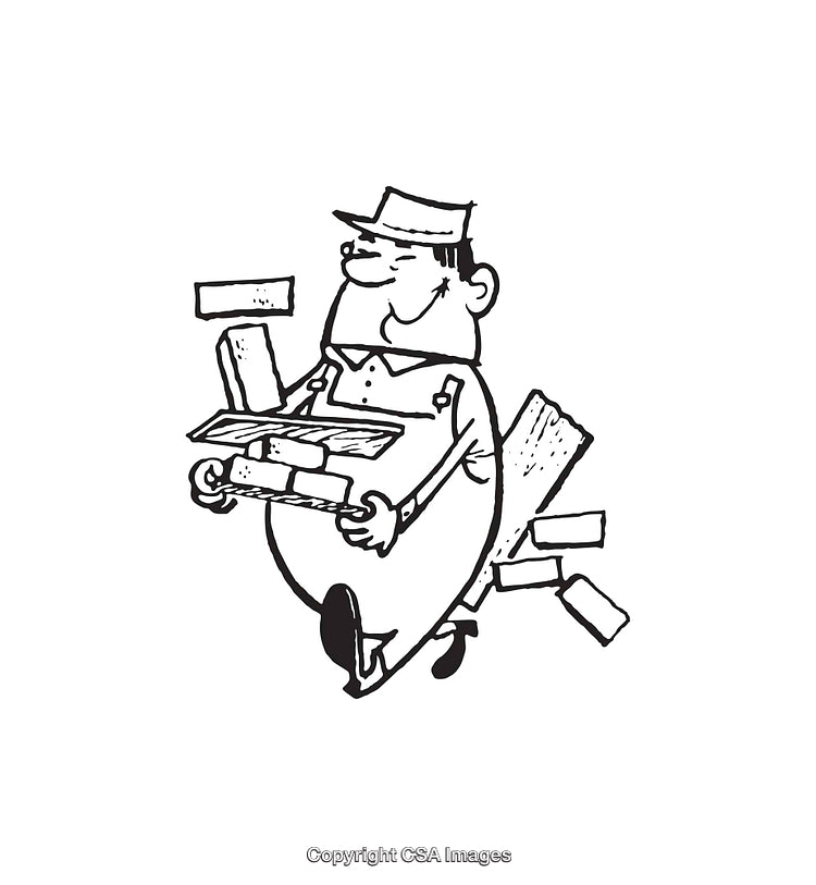 Black and White Cartoon Bricklayer Carrying Building Bricks and Tools