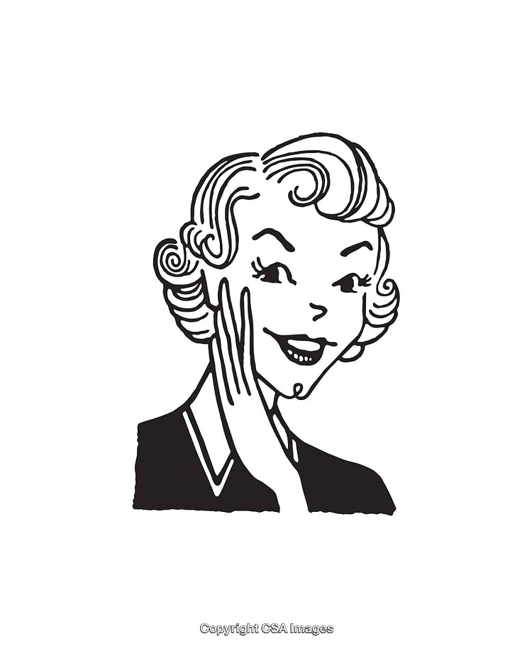 Retro Black and White Line Art Illustration of a Smiling Woman