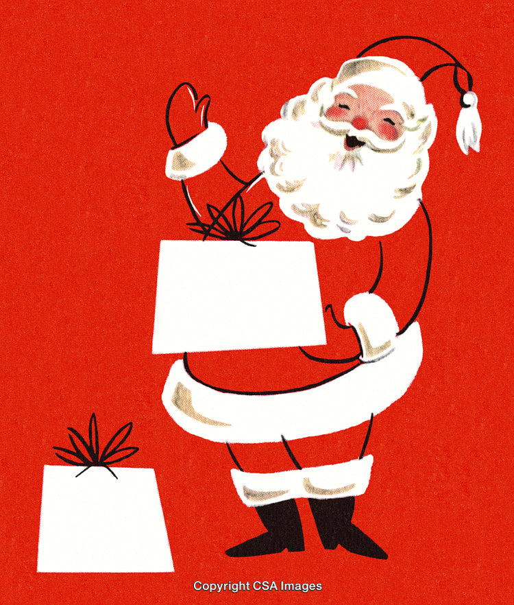 Santa Claus Holding Wrapped Gifts on Red Holiday Background
