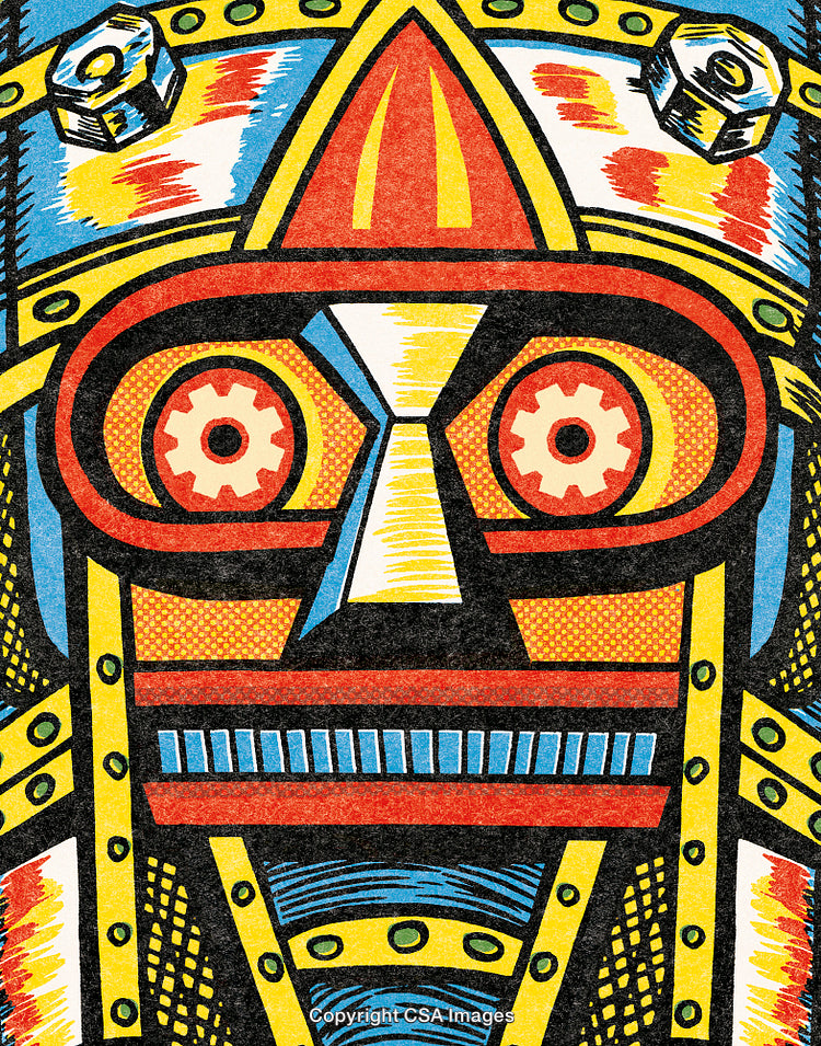 Colorful Geometric Robot Illustration with Industrial and Retro Graphic Patterns