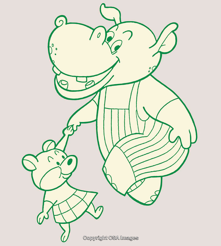 Playful Hippo and Mouse in Green Line Art Illustration