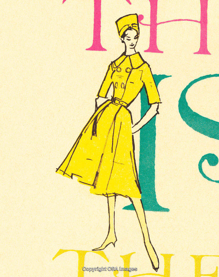 Vintage Fashion Illustration Depicting Elegant Yellow Dress on Stylish Woman