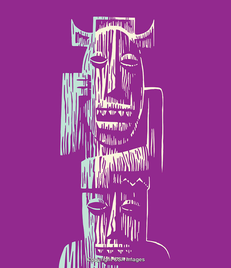 Abstract Tribal-Inspired Line Art Figures on Vibrant Purple Background
