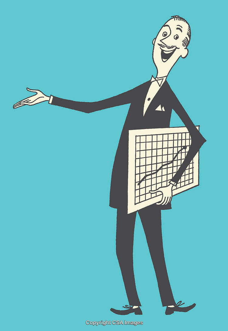 Retro Style Businessman Presenting a Rising Graph in Line Art Illustration