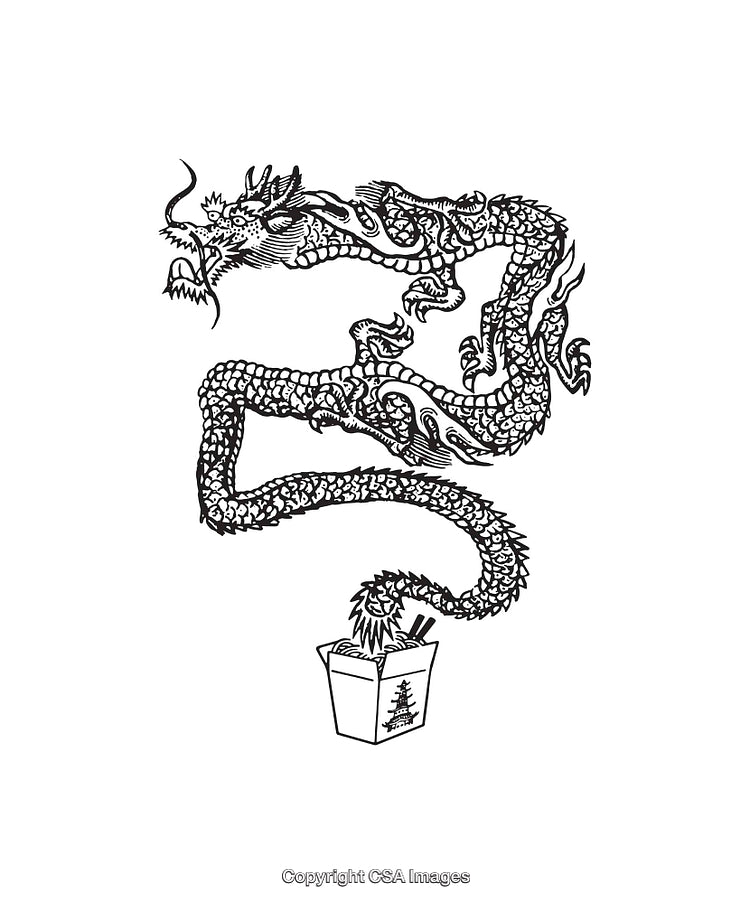Artistic Black and White Line Art of Dragon and Takeout Box
