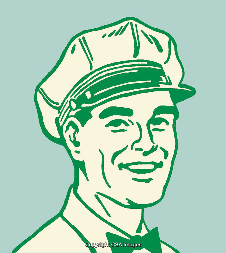 Vintage Illustration of a Smiling Man in Uniform Hat and Bowtie