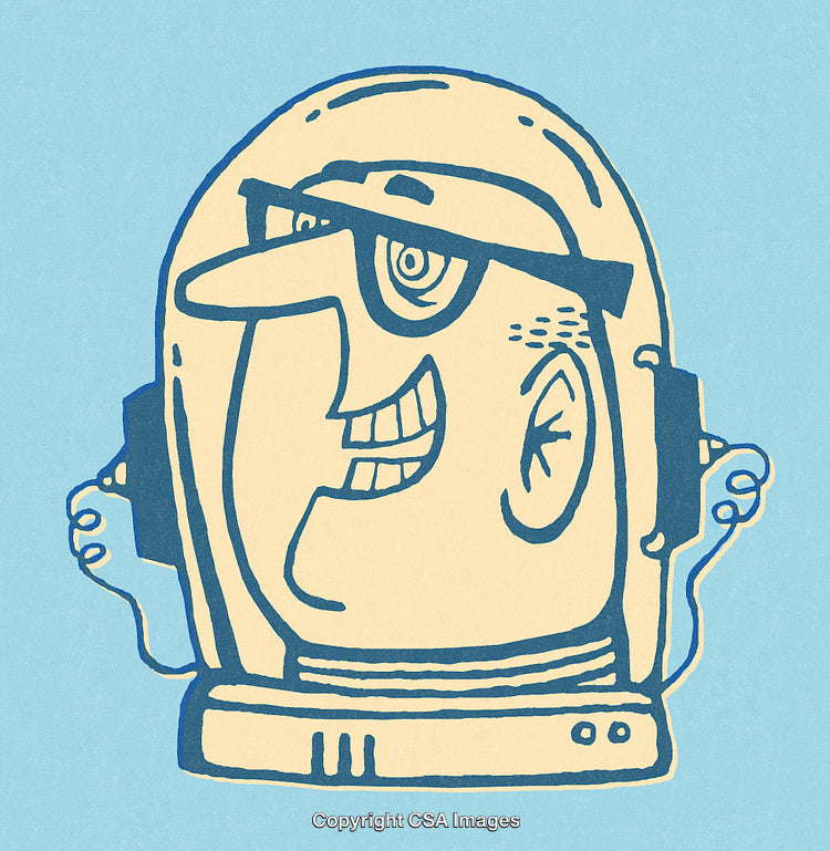 Humorous Cartoon Illustration of a Smiling Astronaut in a Retro Style Helmet